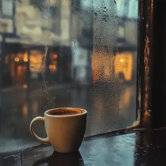 Minimalist artwork of a coffee cup reflected in a rainy window pane - Image 4