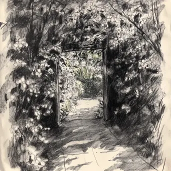 Charcoal sketch of children exploring a vibrant garden on a sunny spring day - Image 1