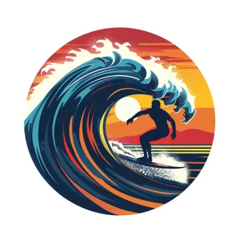 Surfing competition logo with sunset surfer riding wave - Image 1