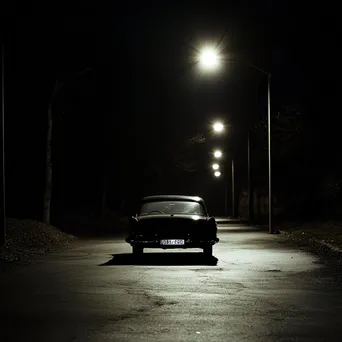 Vintage car parked on deserted road in black and white high contrast - Image 4