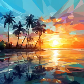 Low poly art of a tropical city beach during a vibrant sunset - Image 1