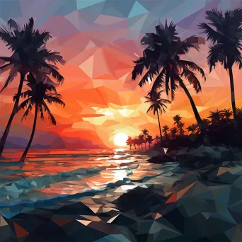 Low poly art of a tropical city beach during a vibrant sunset - Image 3