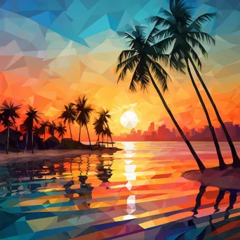 Low poly art of a tropical city beach during a vibrant sunset - Image 4