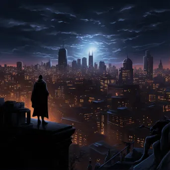 Superheroes in a showdown on rooftops against a nocturnal city skyline - Image 1