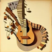 Close-up of guitar being strummed with music notes floating around - Image 1