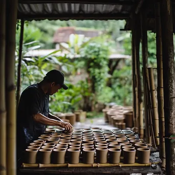 Potter arranging wet clay items on bamboo drying rack - Image 1