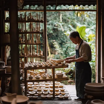 Potter arranging wet clay items on bamboo drying rack - Image 3