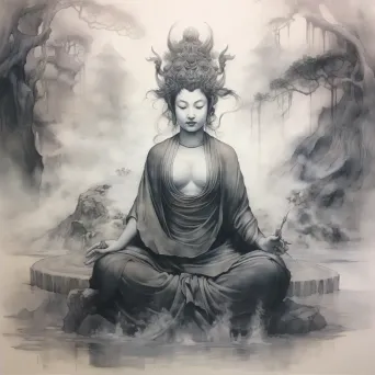 Ink wash painting of an ethereal bodhisattva in serene meditation - Image 2