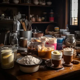 Top-down view of a baking station with ingredients and cake in progress - Image 1