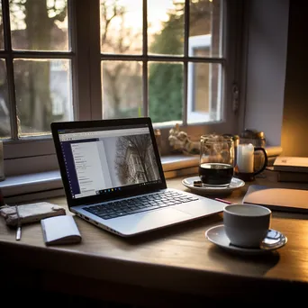 Clean workspace with laptop, notepad, and cup of tea - Image 1