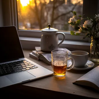 Clean workspace with laptop, notepad, and cup of tea - Image 3