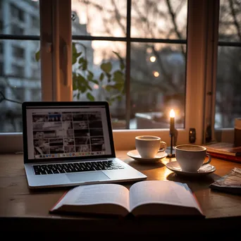 Clean workspace with laptop, notepad, and cup of tea - Image 4