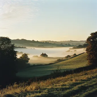 Fog-covered rural landscape with a farmhouse - Image 3