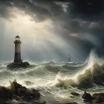 Stormy sea with a lighthouse in the distance, symbolizing hope amidst chaos - Image 1