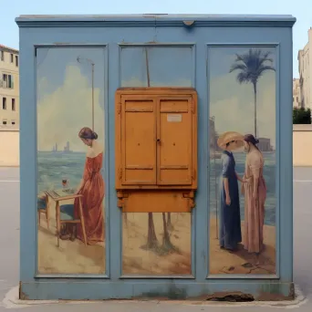 Utility box on a city street creatively painted to blend in or stand out with bright colors - Image 1