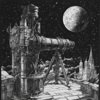 Intricate etching of a steampunk observatory with complex gears and optics pointing towards the stars - Image 1