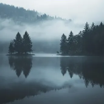 Ethereal mist over tranquil lake in black and white - Image 3