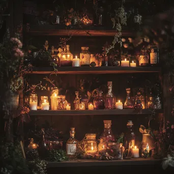 Candlelit area with potion bottles and mystical decor for Halloween - Image 1