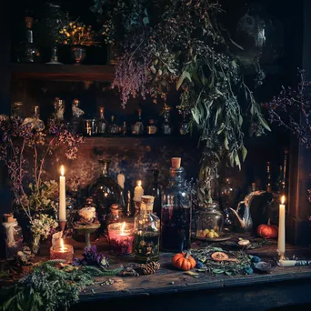 Candlelit area with potion bottles and mystical decor for Halloween - Image 3