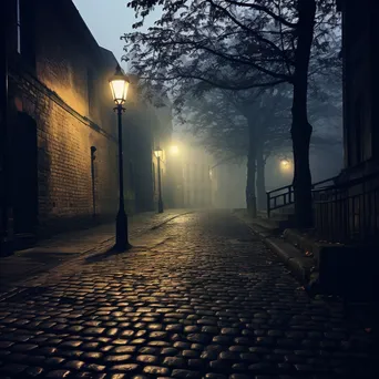 Cobblestone alley illuminated by a street lamp in fog - Image 1