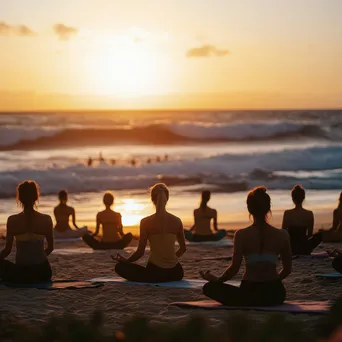 Group of individuals practicing yoga poses on the beach during sunset. - Image 1