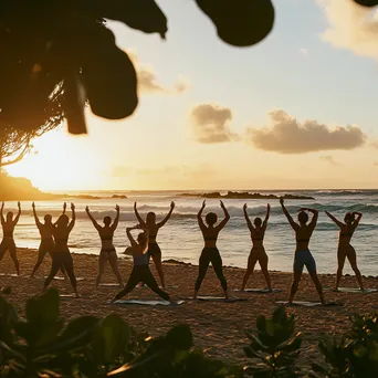 Group of individuals practicing yoga poses on the beach during sunset. - Image 2