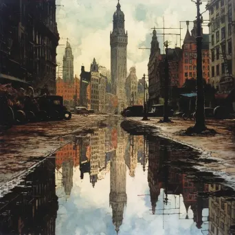 Reflection of modern city as historical cityscape in a puddle - Image 3