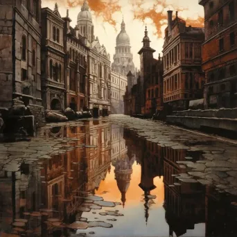 Reflection of modern city as historical cityscape in a puddle - Image 4