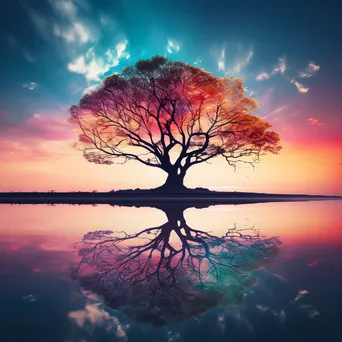 Double exposure of a tree with sunset colors - Image 1