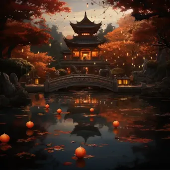 Buddhist pagoda in a lotus pond with golden statues and red lanterns during dusk - Image 2