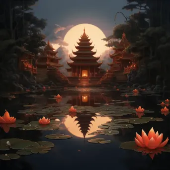 Buddhist pagoda in a lotus pond with golden statues and red lanterns during dusk - Image 4