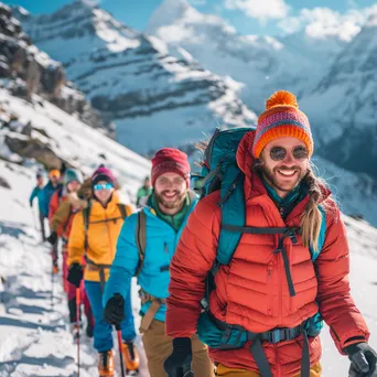 Group of friends hiking in a snowy mountain landscape - Image 2