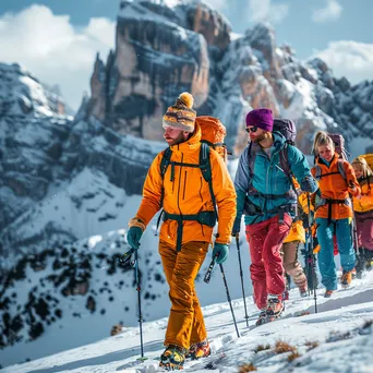 Group of friends hiking in a snowy mountain landscape - Image 3