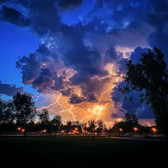 Thunderstorm with lightning during twilight over a city park. - Image 3