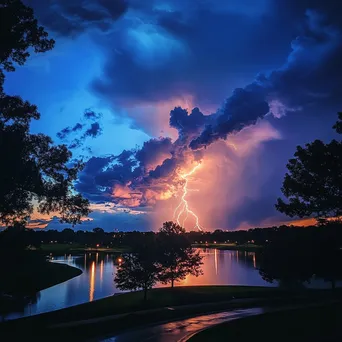 Thunderstorm with lightning during twilight over a city park. - Image 4