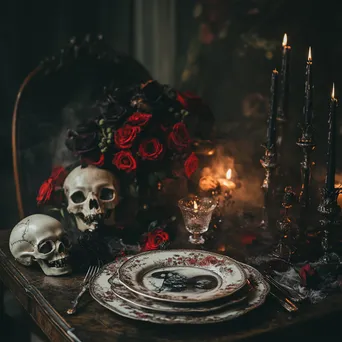 Halloween dining table with skulls and dark flowers under candlelight - Image 1