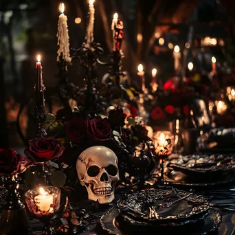 Halloween dining table with skulls and dark flowers under candlelight - Image 3