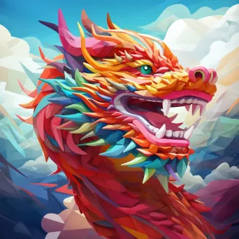 Intricate low poly Chinese dragon soaring amidst clouds - Image 2