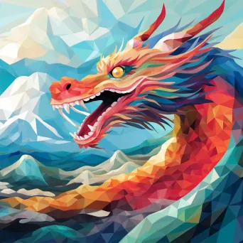 Intricate low poly Chinese dragon soaring amidst clouds - Image 4