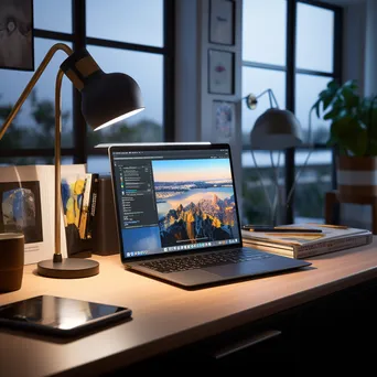 Home office with laptop and notepad on an ergonomic desk - Image 1