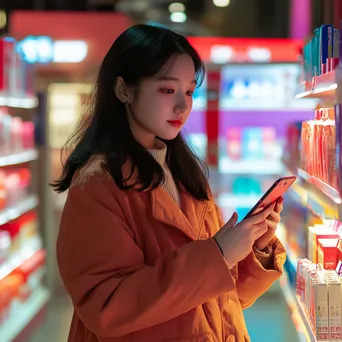 Woman comparing prices on her smartphone while shopping in a colorful store. - Image 1