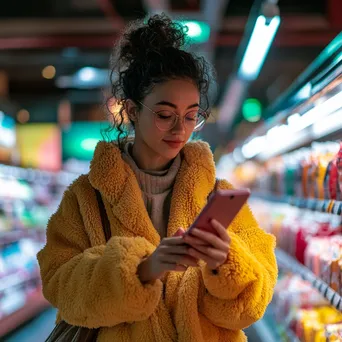 Woman comparing prices on her smartphone while shopping in a colorful store. - Image 4