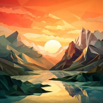 Low poly depiction of dawn breaking over a mountain range - Image 1