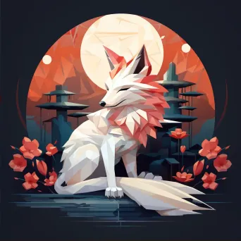 Low poly Japanese Kitsune in a serene moonlit setting - Image 2