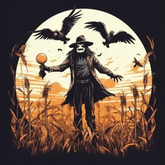 Sinister scarecrow in moonlit cornfield, crows, pumpkins Halloween logo - Image 3