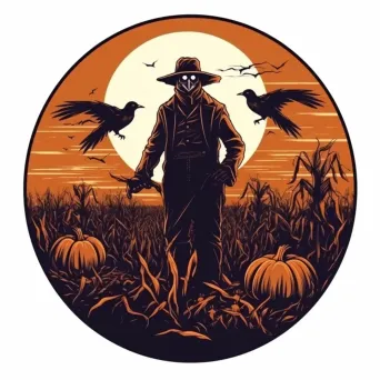 Sinister scarecrow in moonlit cornfield, crows, pumpkins Halloween logo - Image 4