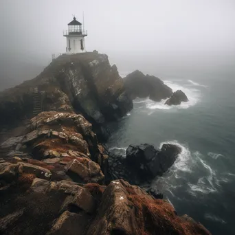 Abandoned lighthouse overlooking a foggy coastline and rugged cliffs - Image 1