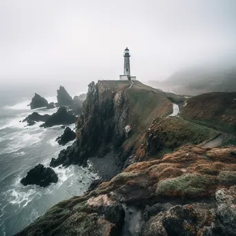 Abandoned lighthouse overlooking a foggy coastline and rugged cliffs - Image 4