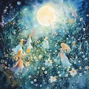 Watercolor painting of ethereal nymphs frolicking amidst iridescent flowers in a moonlit meadow - Image 1