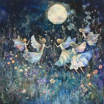 Watercolor painting of ethereal nymphs frolicking amidst iridescent flowers in a moonlit meadow - Image 2